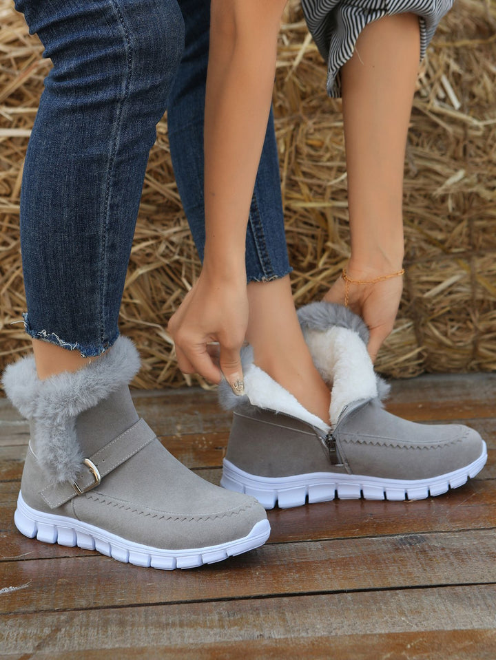 Damen Gefütterte Ankle-Boots aus Wildlederoptik mit Kunstfellkragen, seitlichem Reißverschluss und leichter Profilsohle Drune
