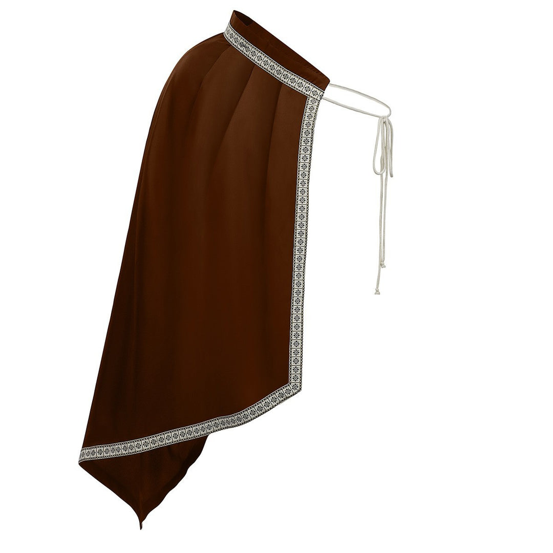Unisex nan Schulterplattencape mit geschnürtem Kragen, Kunstfellbesatz, verstellbaren Lederriemen und asymmetrischer Schleppe Drune