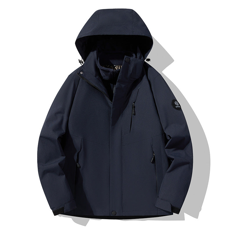 Herren dreilagige atmungsaktive Softshell-Trekkingjacke mit integriertem Fleecekragen und verstellbarer Kapuze Drune
