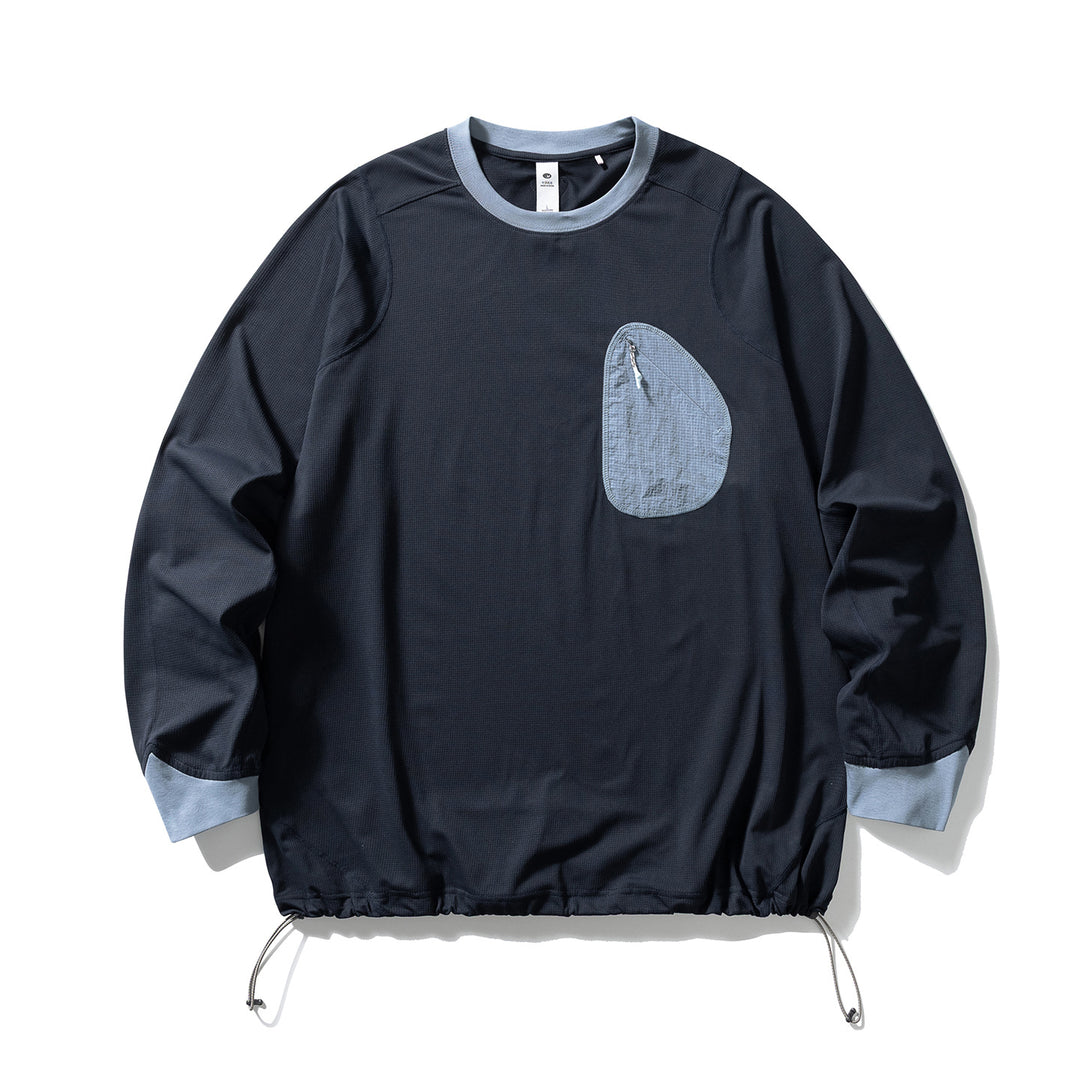 Unisex Leichter technischer Rundhals-Pullover mit Brust-Zip-Tasche, Kordelzugsaum und gerippten Bündchen Drune