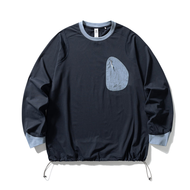 Unisex Leichter technischer Rundhals-Pullover mit Brust-Zip-Tasche, Kordelzugsaum und gerippten Bündchen Drune