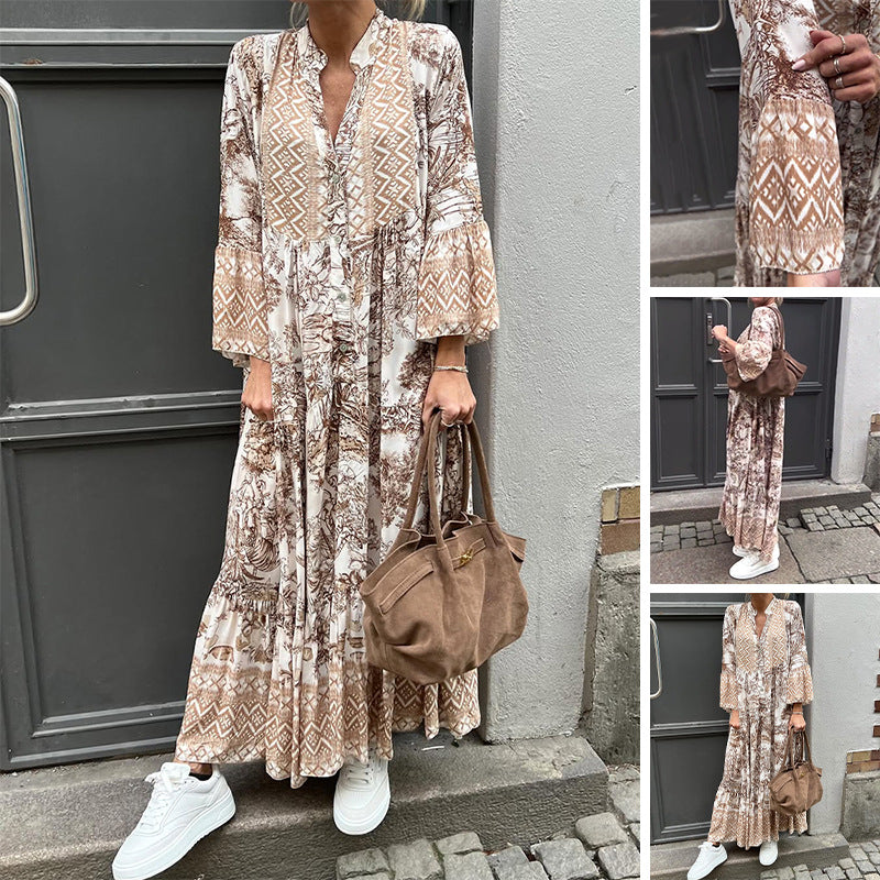 Damen nan Stufenmaxikleid mit Ethno-Bordüre, Stehkragen und weiten Glockenärmeln Drune