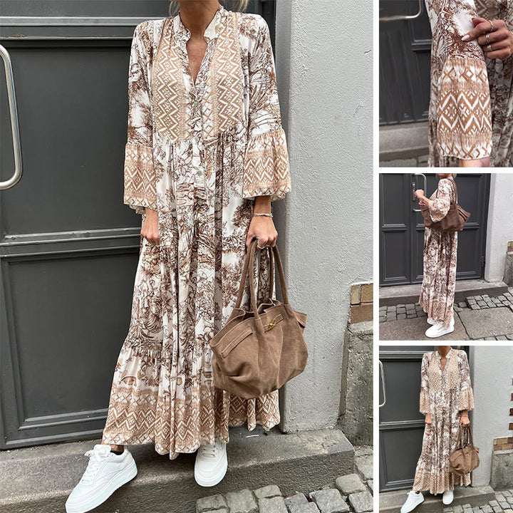 Damen nan Stufenmaxikleid mit Ethno-Bordüre, Stehkragen und weiten Glockenärmeln Drune