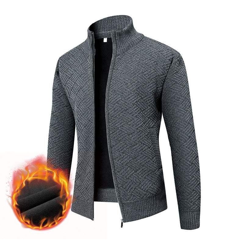 Herren Thermo-Strickjacke mit durchgehendem Reißverschluss, gefüttertem Stehkragen und geometrischem Strukturmuster Drune