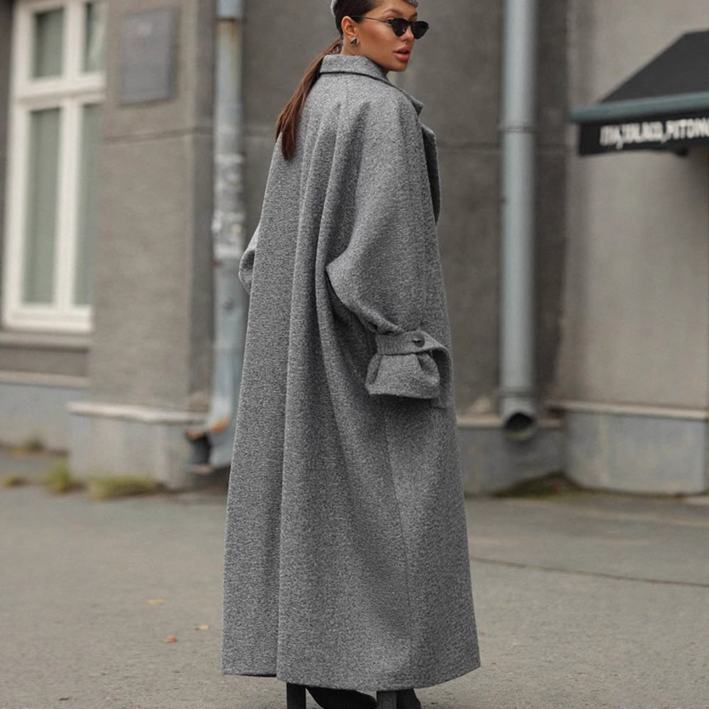 Damen Oversized Wollmantel mit gestreiftem Design und Gürtel Drune