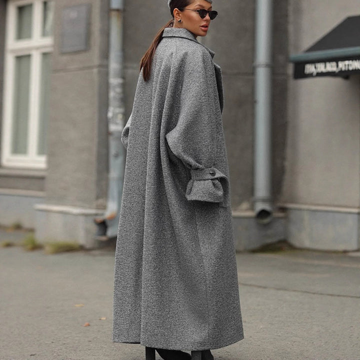 Damen Oversized Wollmantel mit gestreiftem Design und Gürtel Drune