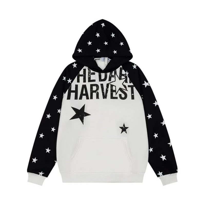 Damen Kapuzenpullover im Raglanstyle mit Sternen‑Allover, Kängurutasche und Vintage‑Print Drune