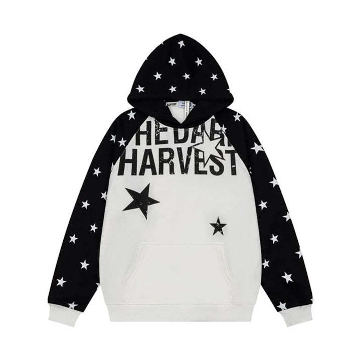 Damen Kapuzenpullover im Raglanstyle mit Sternen‑Allover, Kängurutasche und Vintage‑Print Drune