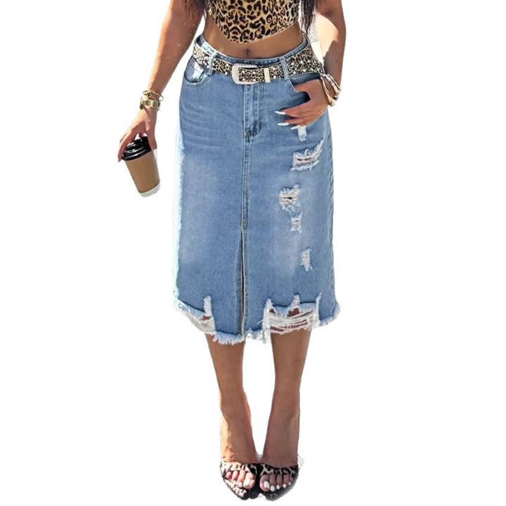 Damen Denim-Midirock mit Fransen Frontschlitz und Used-Effekten Drune