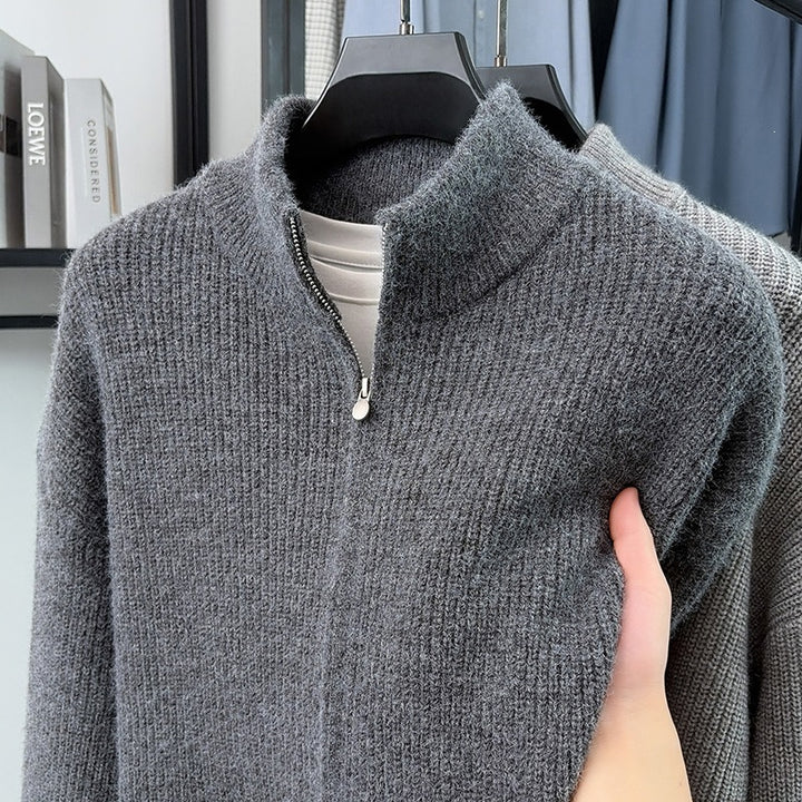 Herren Kuscheliger Zip-Pullover aus Mohair-Mix mit feiner Rippstruktur und Stehkragen Drune