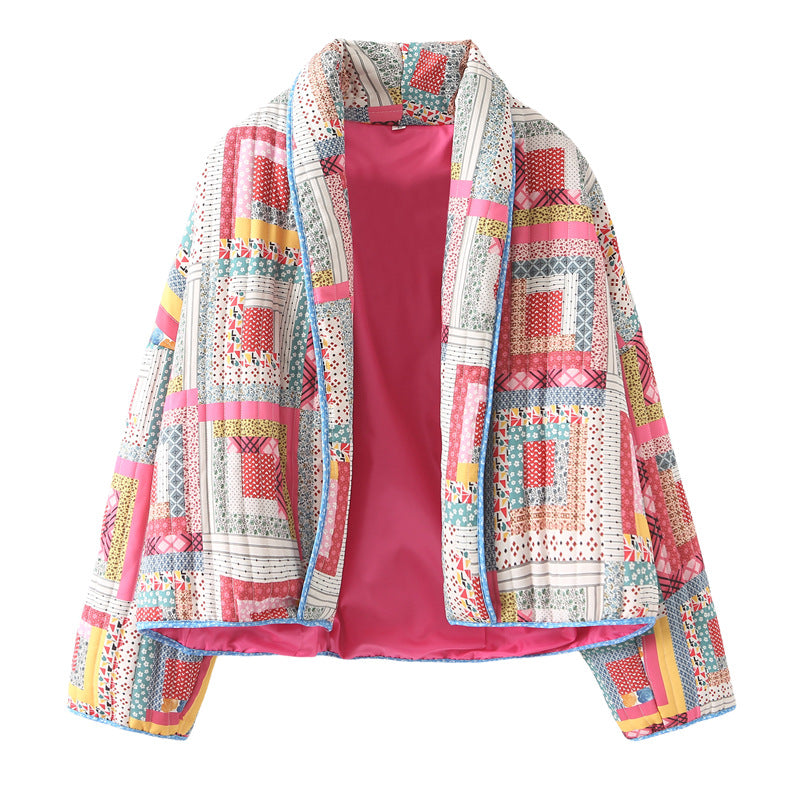 Damen nan gesteppte Cropped Patchworkjacke mit Schalkragen und kastigem Schnitt Drune
