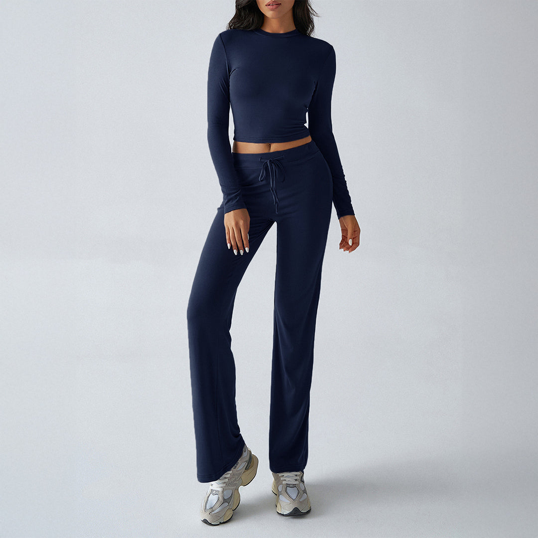 Damen nan tailliertes Longsleeve-Crop-Top und weite Lounge-Hose im Zweiteiler-Set aus Stretchjersey Drune