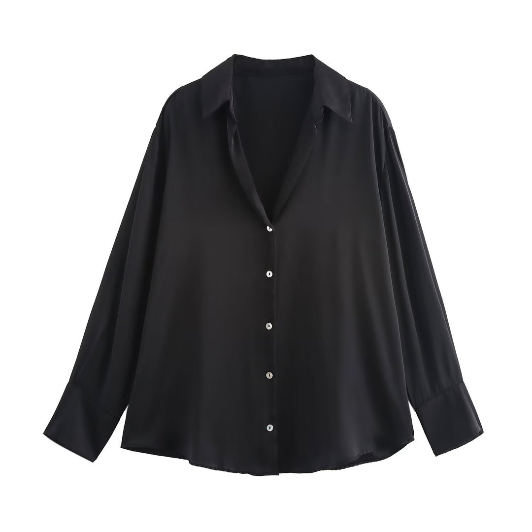 Damen Oversized Satinbluse mit Hemdkragen und breiten Manschetten Drune