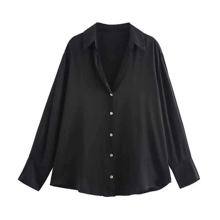 Damen Oversized Satinbluse mit Hemdkragen und breiten Manschetten Drune