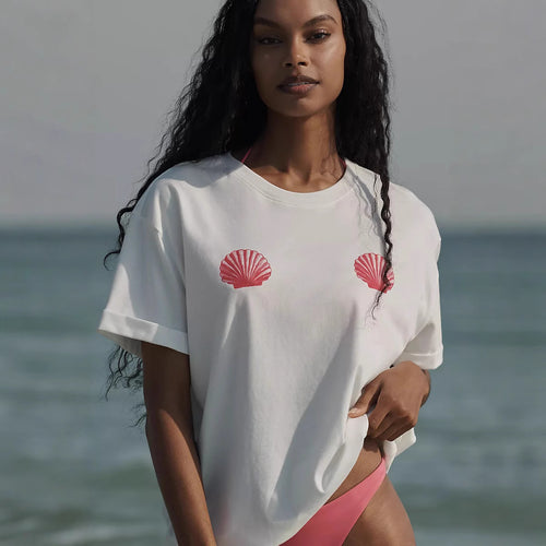 Damen lässiges T-Shirt mit maritimem Muschel-Print und lockerer Passform Drune