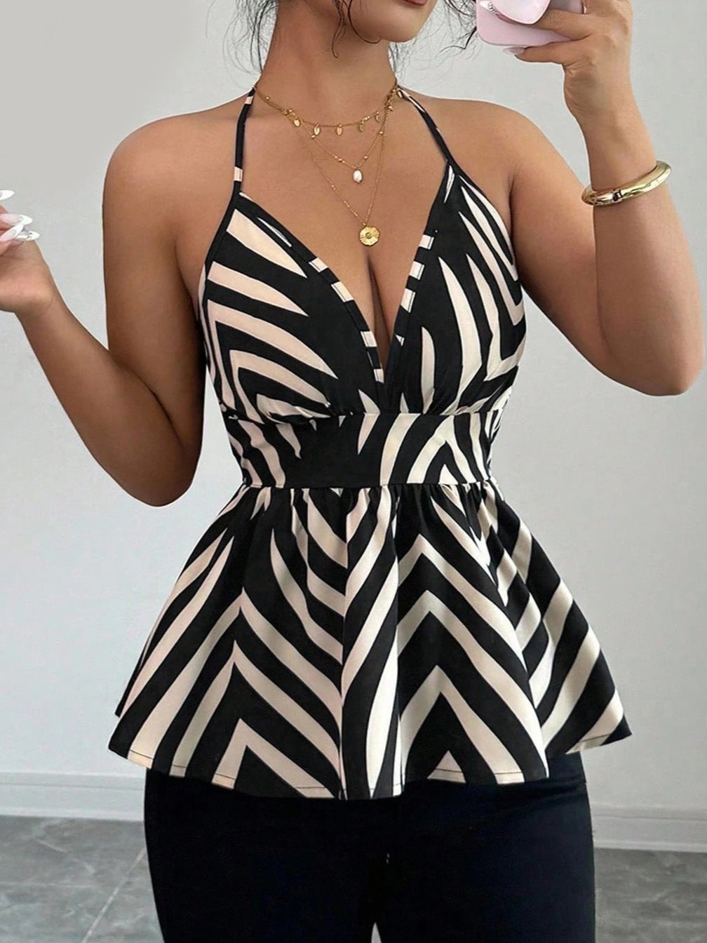 Damen Peplum-Top mit dekorativem V-Ausschnitt Drune