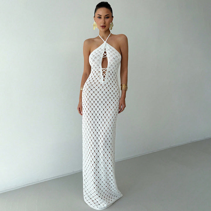 Damen Häkel-Maxikleid mit tiefer Ausschnitt Drune