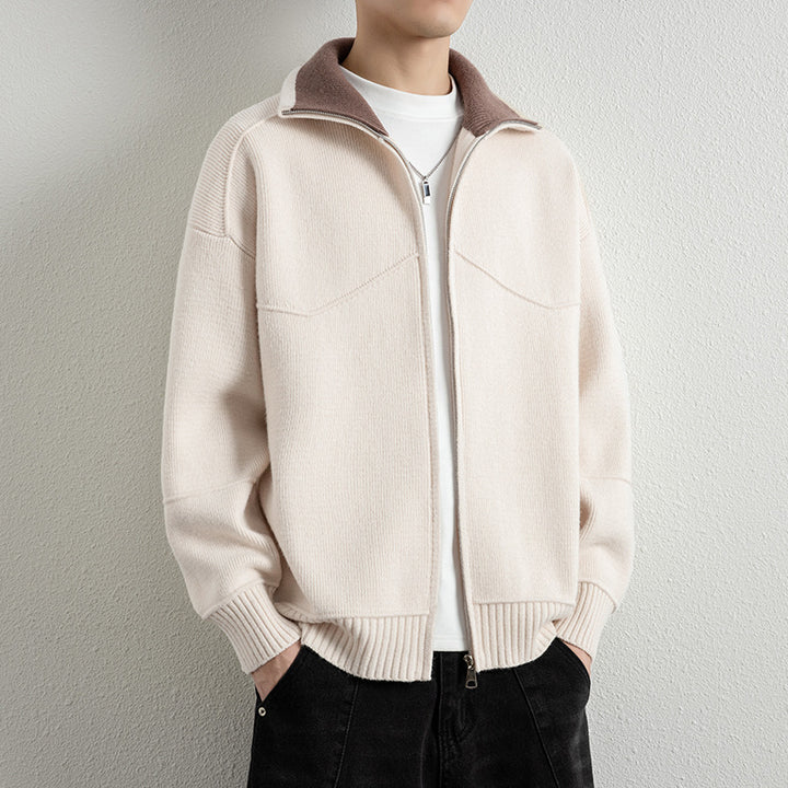 Herren Strick-Zipjacke mit Kontrastkragen und Rippbündchen Drune