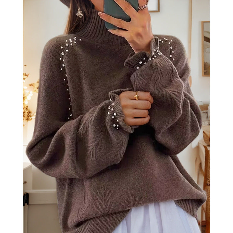 Damen nan Oversize Strickpullover mit Stehkragen und Perlendetails Drune