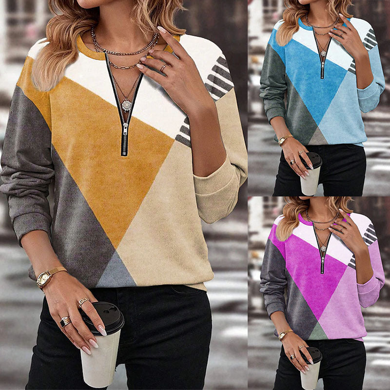 Damen Freizeitsweatshirt mit Halbzipp und geometrischem Farbkombinationsmuster Drune