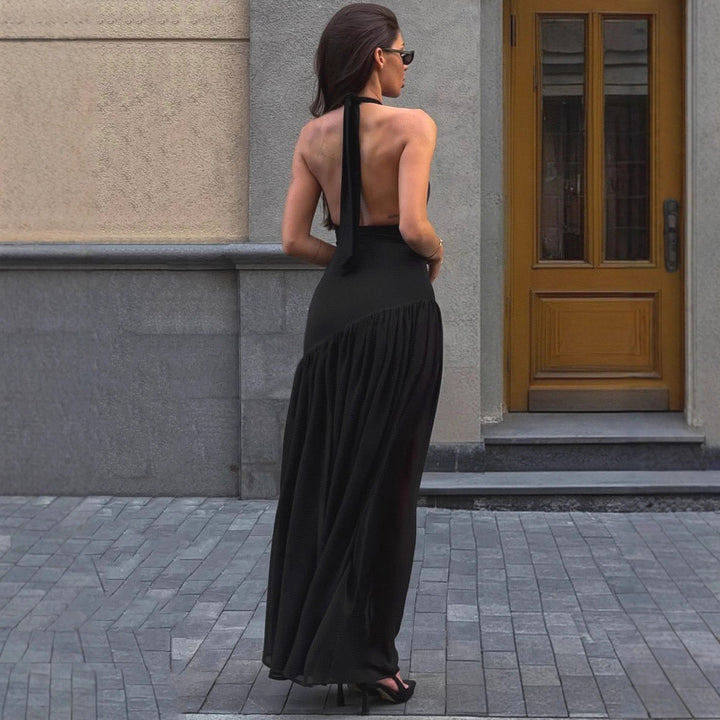 Damen Maxi-Kleid mit elegantem Stehkragen und fließendem Rock Drune