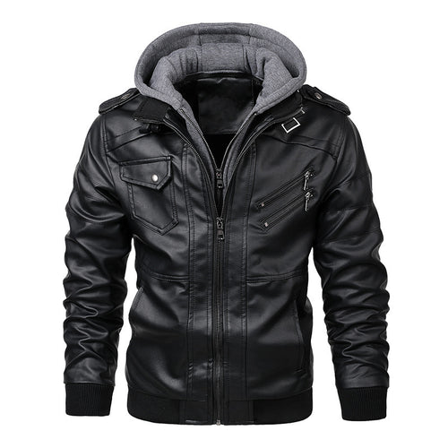 Herren stylische Kunstlederjacke mit Kapuze Drune