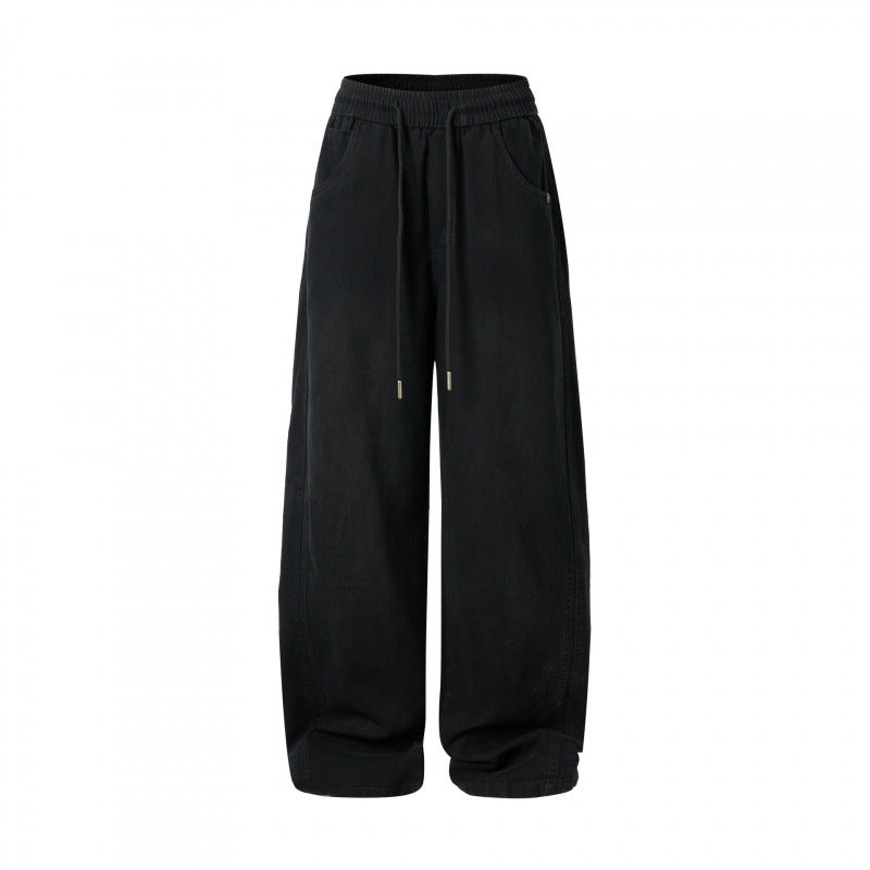 Damen weite High-Waist-Hose mit Elastikbund, Kordelzug und aufgesetzten Taschen Drune