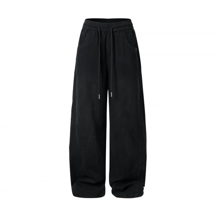 Damen weite High-Waist-Hose mit Elastikbund, Kordelzug und aufgesetzten Taschen Drune