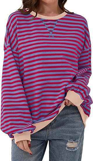 Damen Lässiges Oversize-Streifen-Sweatshirt mit Raglanärmeln und Kontrastbündchen Drune