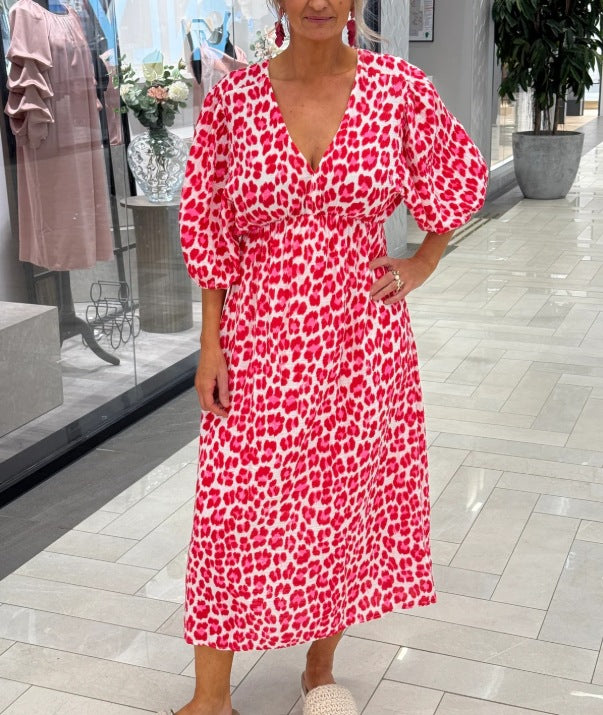 Damen nan Maxikleid mit tiefem V-Ausschnitt, voluminösen Puffärmeln und smockierter Taillennaht Drune