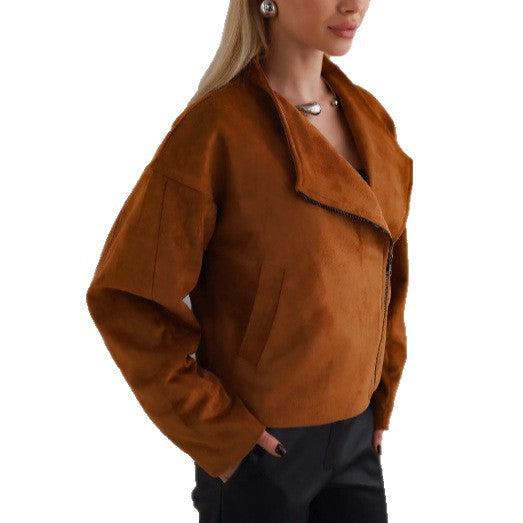 Damen Trendige Kurzjacke im lässigen Biker-Stil mit asymmetrischem Reißverschluss und tiefem Kragen Drune