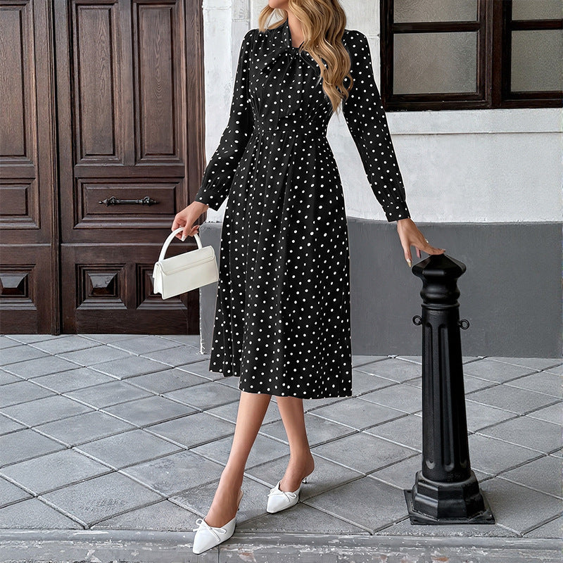 Damen Elegantes Midikleid mit Schluppe und Punkten Drune