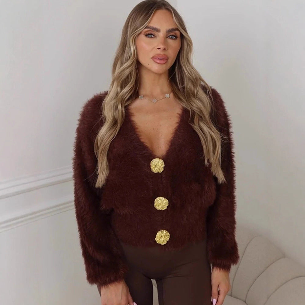 Damen Flauschige Kurzjacke mit V-Ausschnitt und metallischen Zierknöpfen Drune