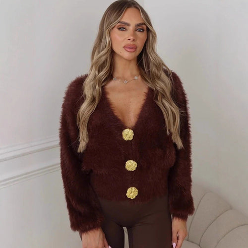 Damen Flauschige Kurzjacke mit V-Ausschnitt und metallischen Zierknöpfen Drune