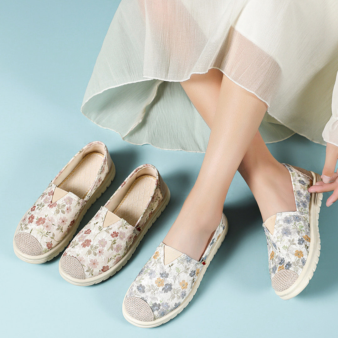 Damen nan floraler Slip-On Freizeit-Slipper mit gestrickter Zehenkappe und stoßdämpfender Leichtsohle Drune