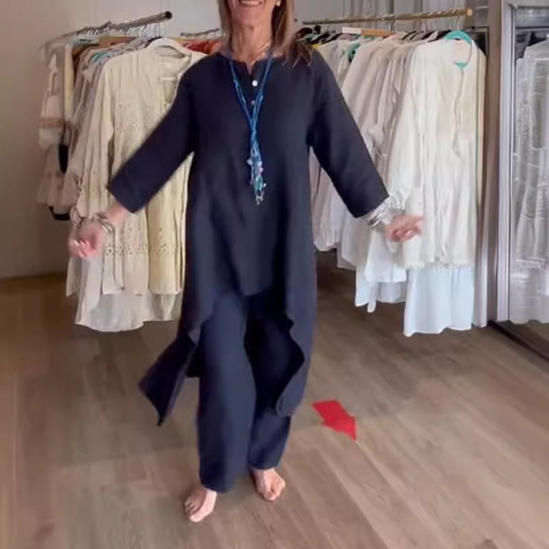 Damen Midilanges Leinen-Tunika-Set mit asymmetrischem Saum und weiter Palazzo-Hose Drune