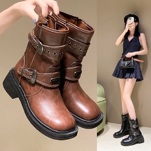Damen modische Stiefel mit dekorativen Schnallen und robustem Profil Drune