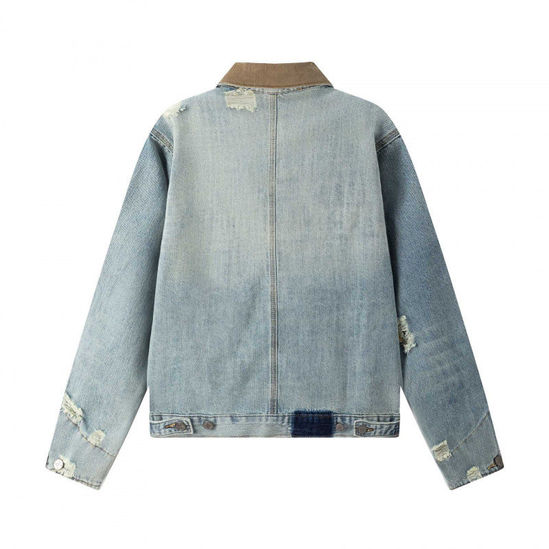 Unisex Boxy-Denimjacke im Worker‑Look mit Cordkragen, Used‑Effekt und großen Brusttaschen Drune
