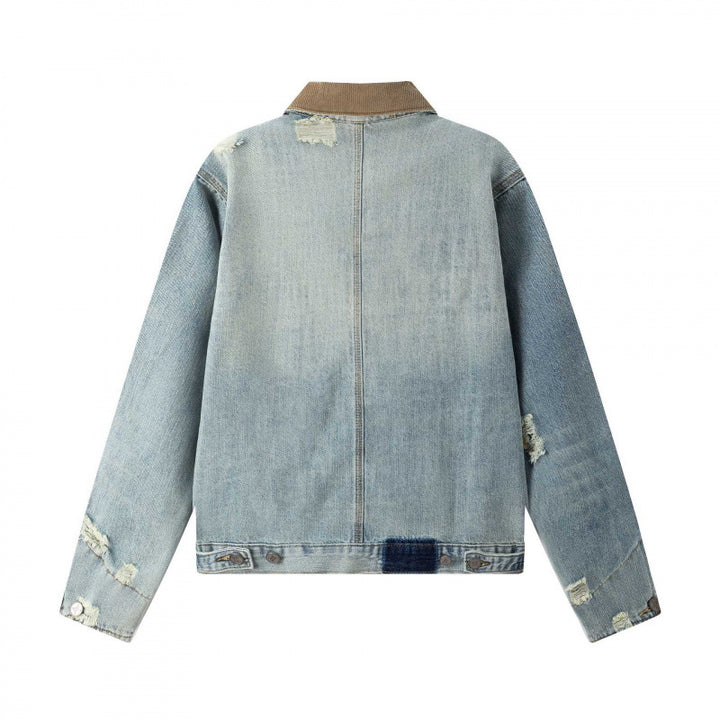 Unisex Boxy-Denimjacke im Worker‑Look mit Cordkragen, Used‑Effekt und großen Brusttaschen Drune