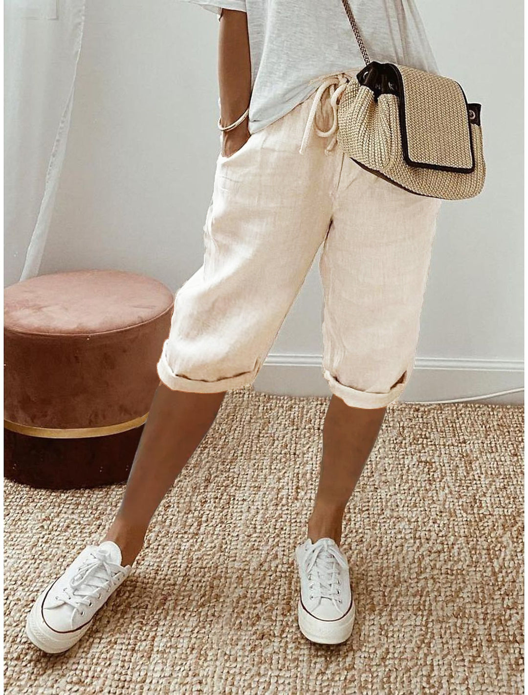 Damen lässige Cropped-Hosen mit Gummi Bund und Taschen Drune