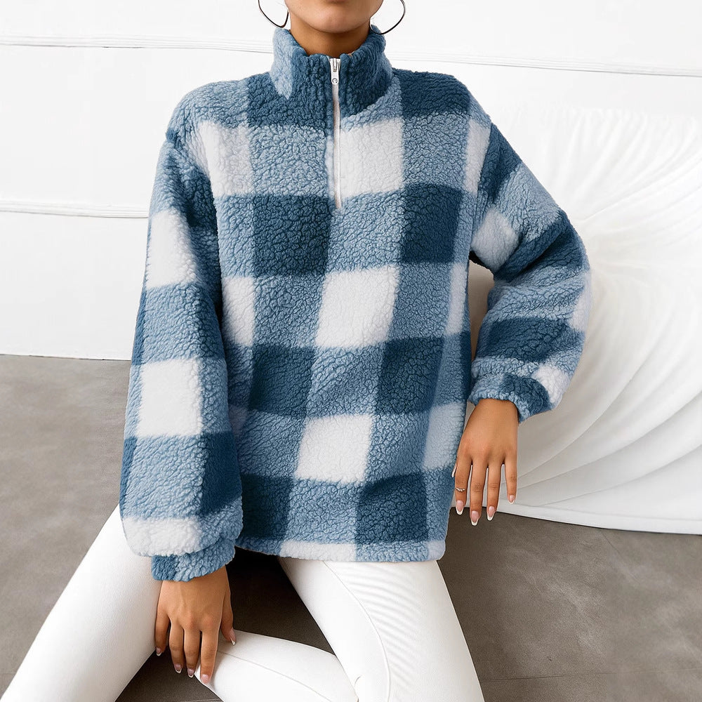 Damen nan kariertes Teddy-Fleece Pullover mit Stehkragen und halbhohem Reißverschluss Drune