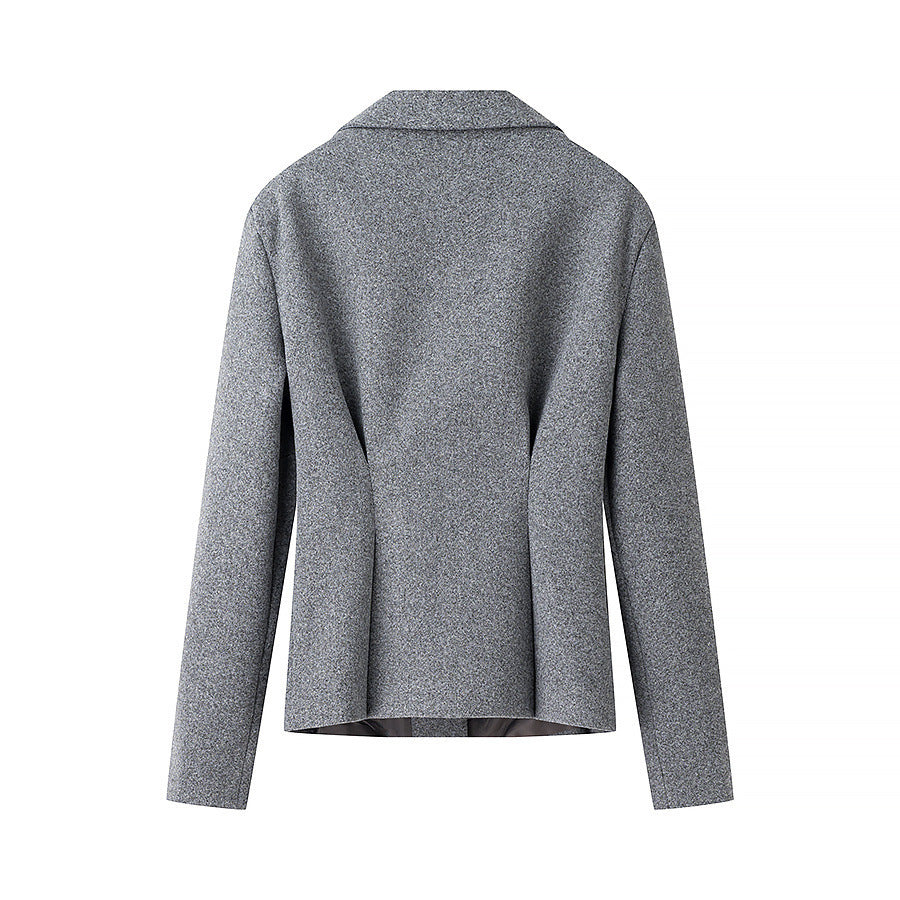 Damen Zweiteiliges tailliertes Wollkostüm mit strukturiertem Schulterblazer und plisseevollem Midirock Drune