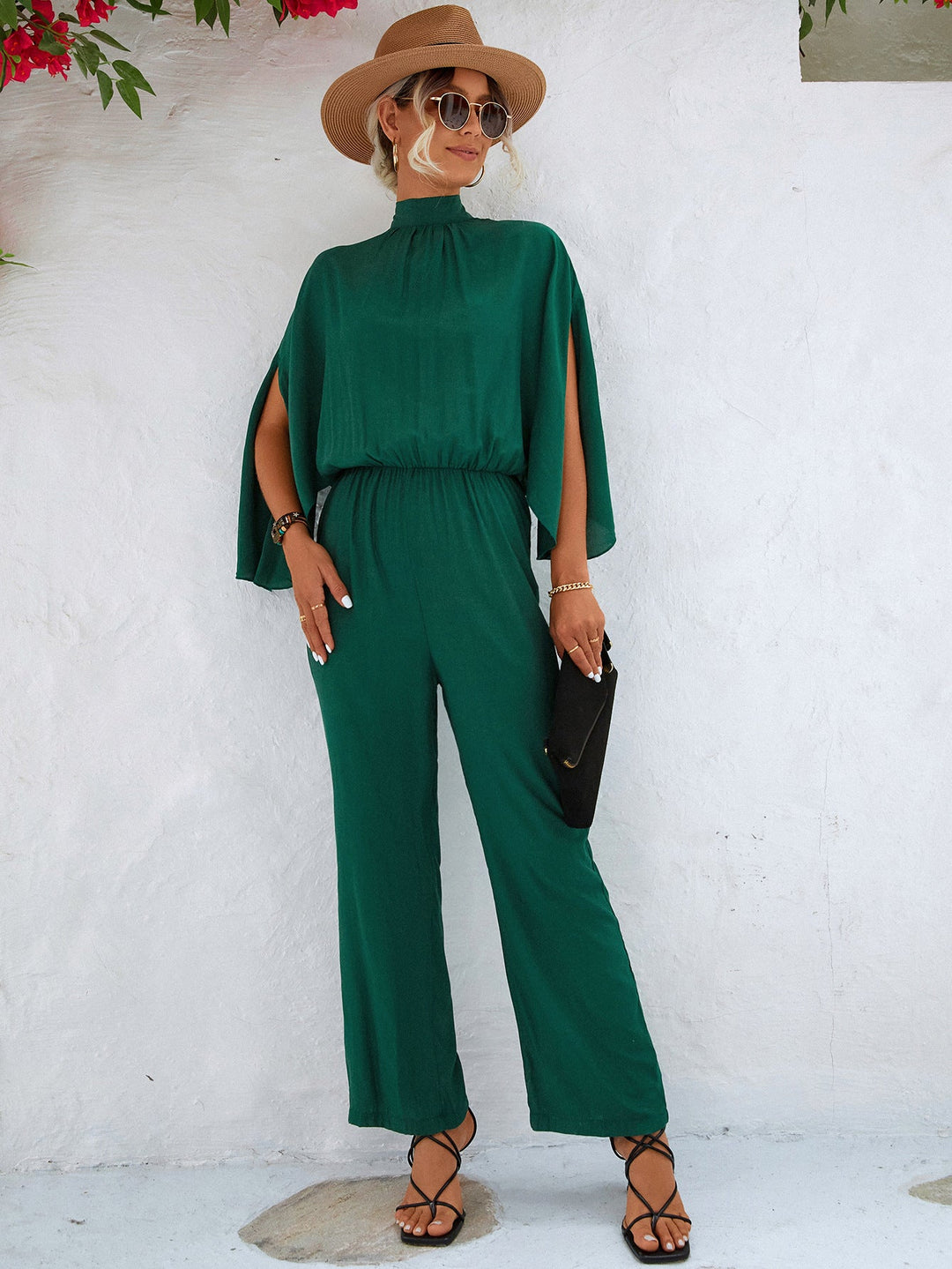 Damen Jumpsuit mit hohem Kragen und fließenden Ärmeln Drune