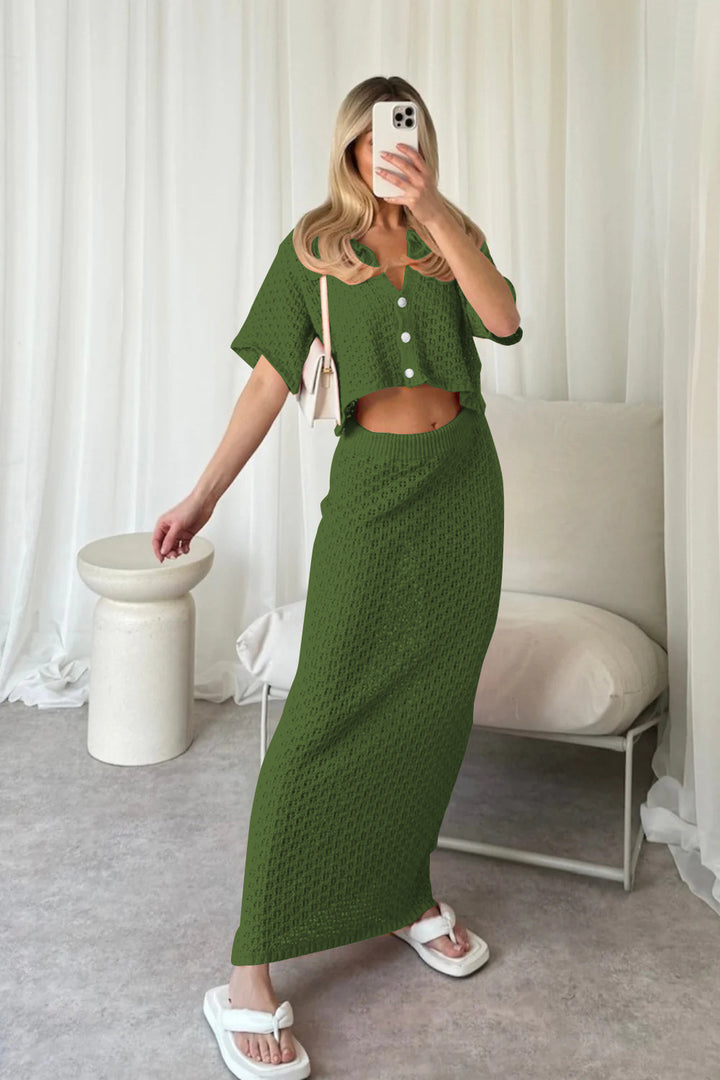 Damen Strick-Set mit offenem Cardigan und maxi Rock Drune