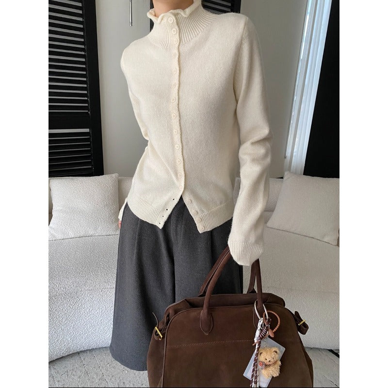 Damen eleganter Strickpullover mit Knopfleiste und hohem Kragen Drune