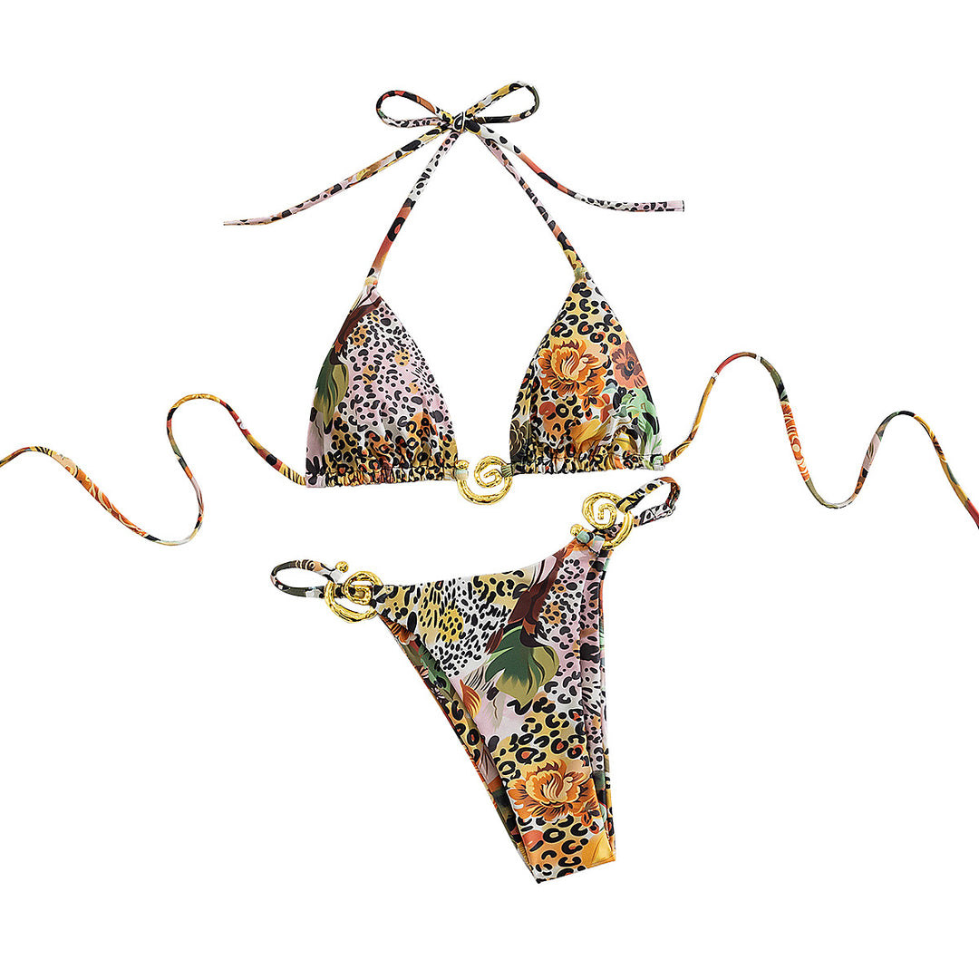 Damen Triangel-Bikini mit eleganten Gold-Details und farbenfrohem Blumendruck Drune