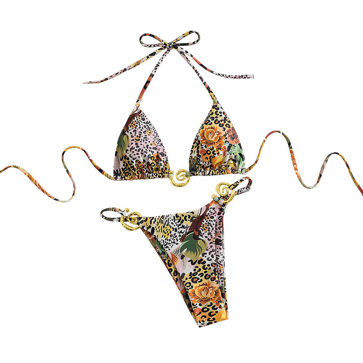 Damen Triangel-Bikini mit eleganten Gold-Details und farbenfrohem Blumendruck Drune