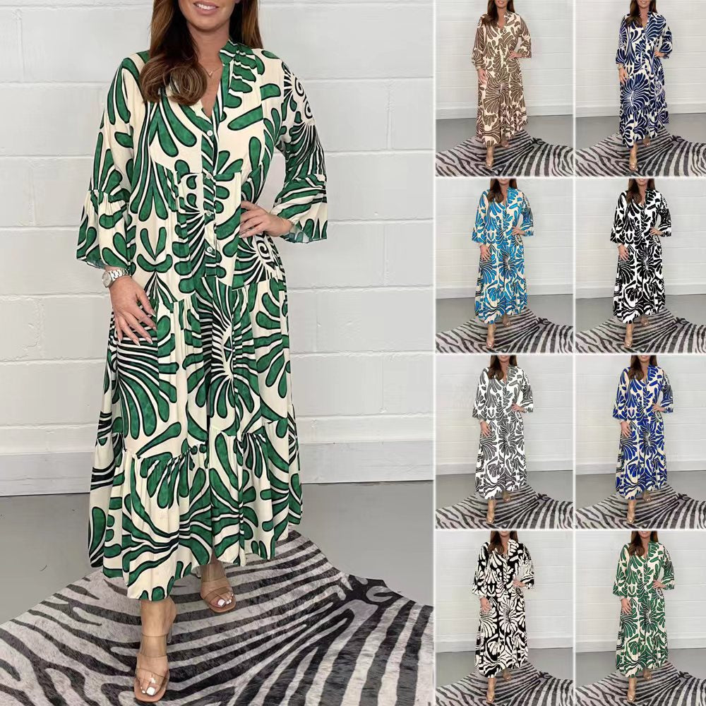 Damen Lange Stufen Kleid mit Knopfleiste und abstraktem Blattdruck Drune