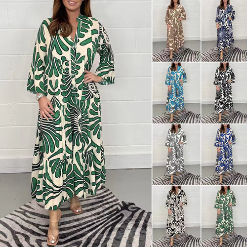 Damen Lange Stufen Kleid mit Knopfleiste und abstraktem Blattdruck Drune
