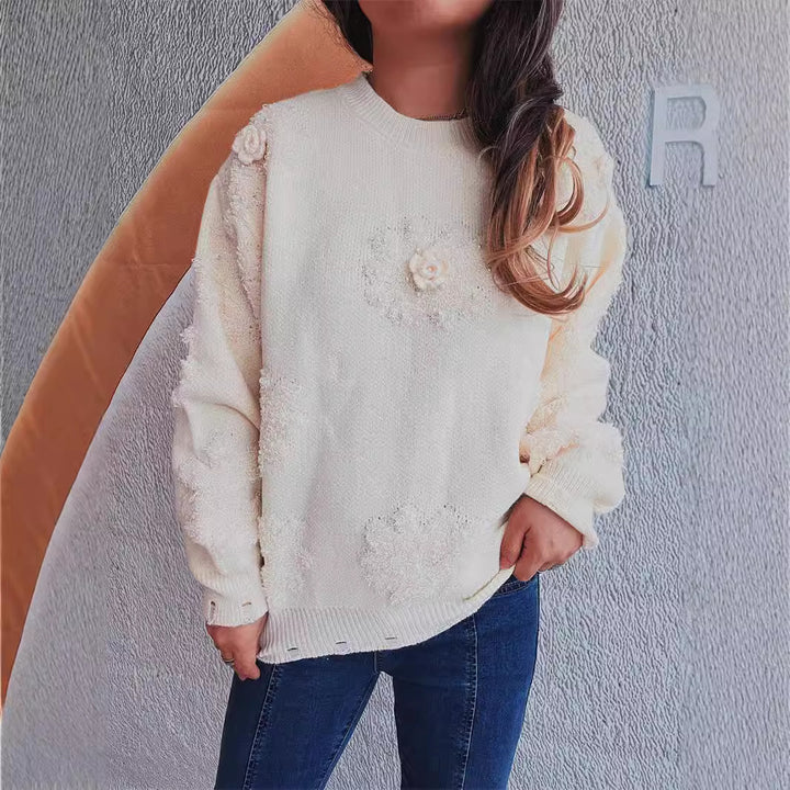 Damen fröhlicher Pullover mit floralen Applikationen und strukturiertem Strickdesign Drune